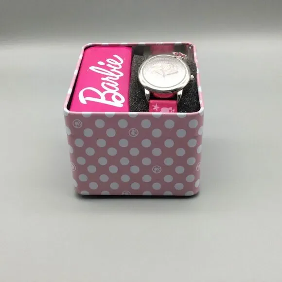 Barbie Watch Kids Girl Youth 28mm Pink Silver Tone With Metal Box New Battery - Picture 3 of 8